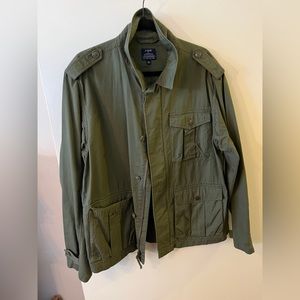 J crew military jacket. Men’s size large. Green. Small hole on upper sleeve.